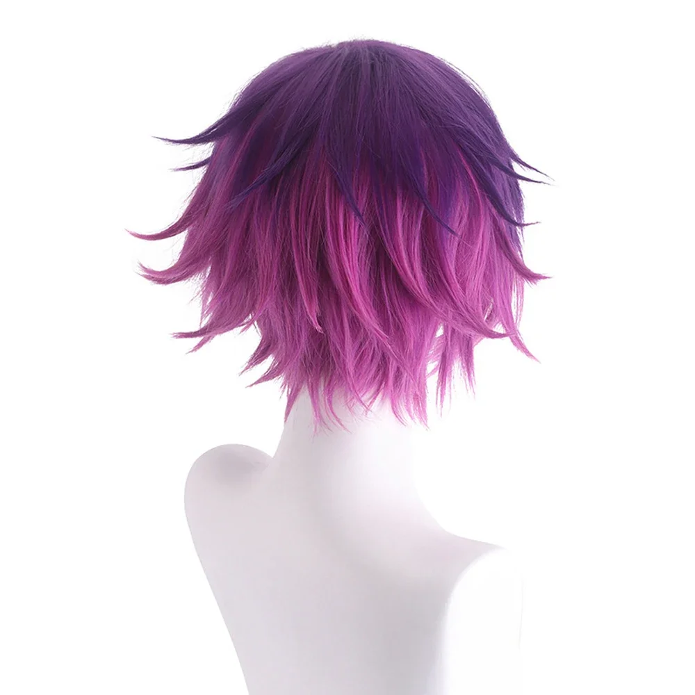 RANYU Short Men Women Straight Wigs Ombre Gradient Purple Black Brown Flaxen Anime Cosplay Hair Wig For Daily Party