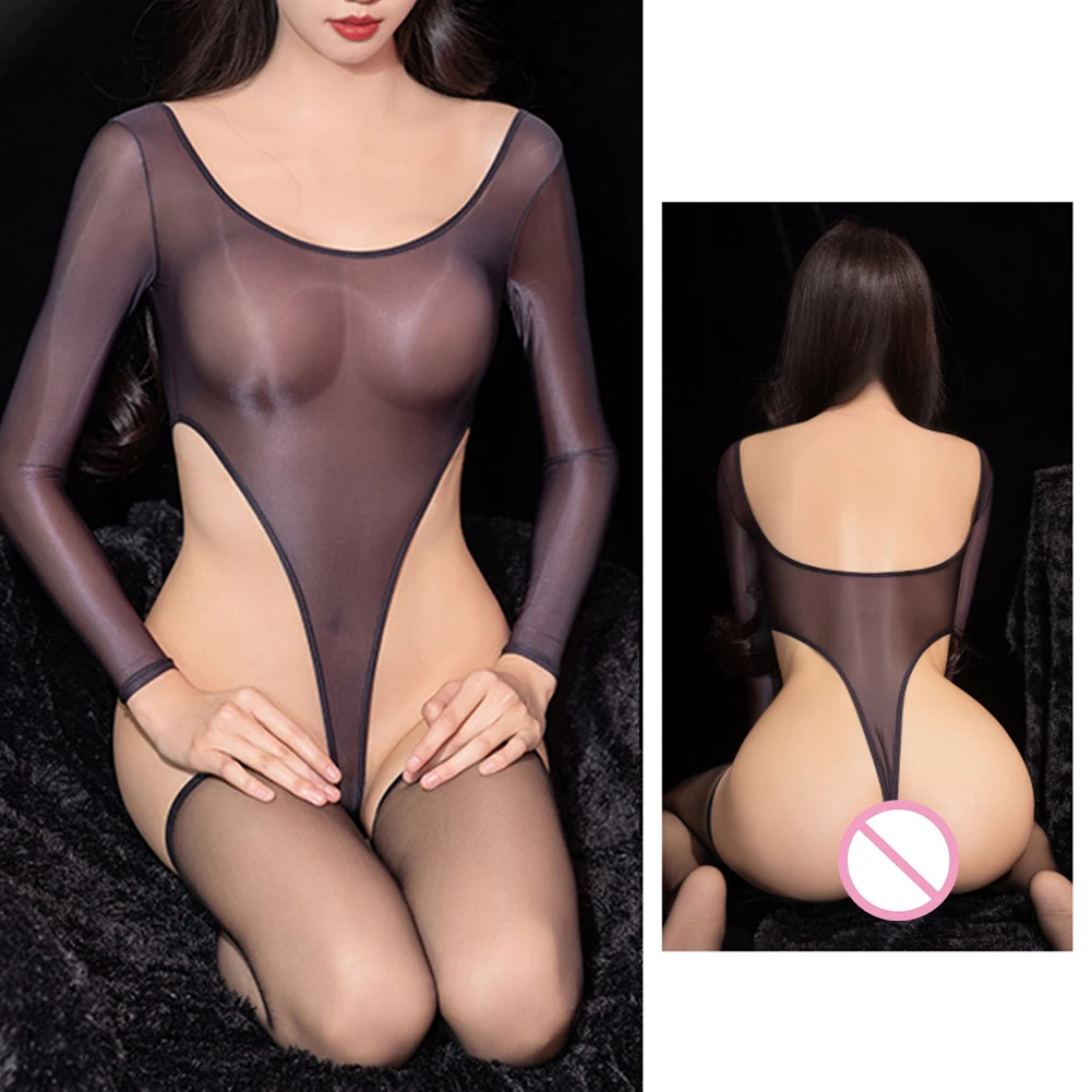 

High Cut See Through Bodysuit Oil Glossy Shiny Long Sleeved Jumpsuit High Elastic Tight Fitting Sexy Leotard Lingerie For Women
