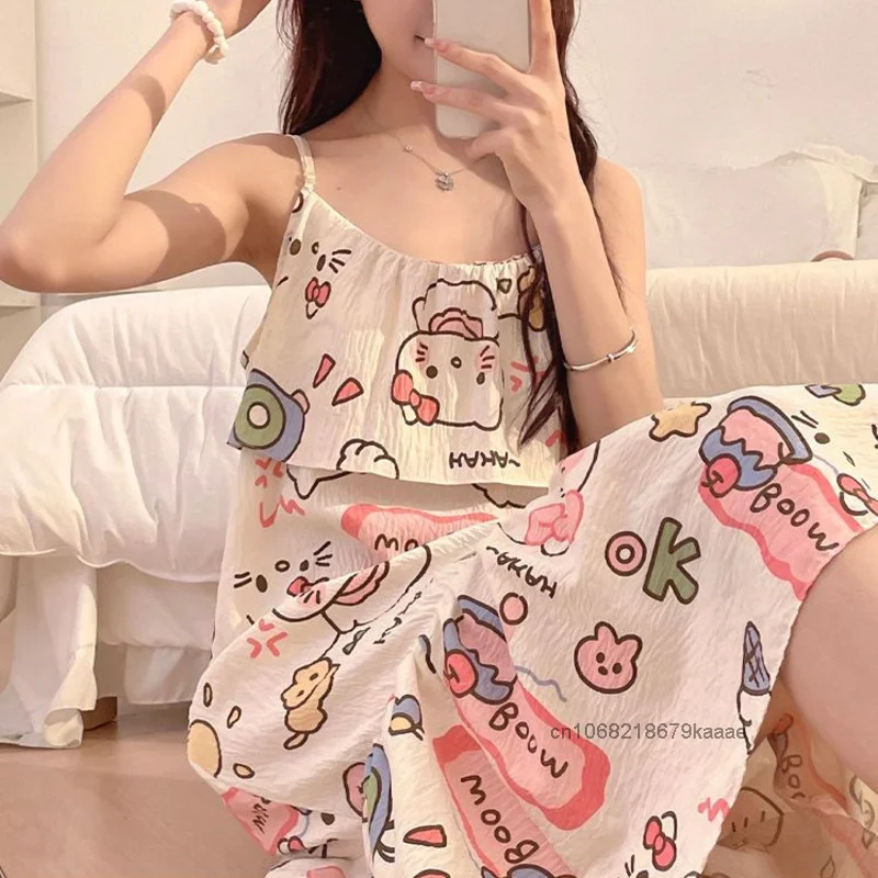 Sanrio Hello Kitty Summer Thin Suspender Sleepwear Women Chest Cushion Cute Cartoon Nightgown Sweet Soft Y2k Girl Trendy Pajamas