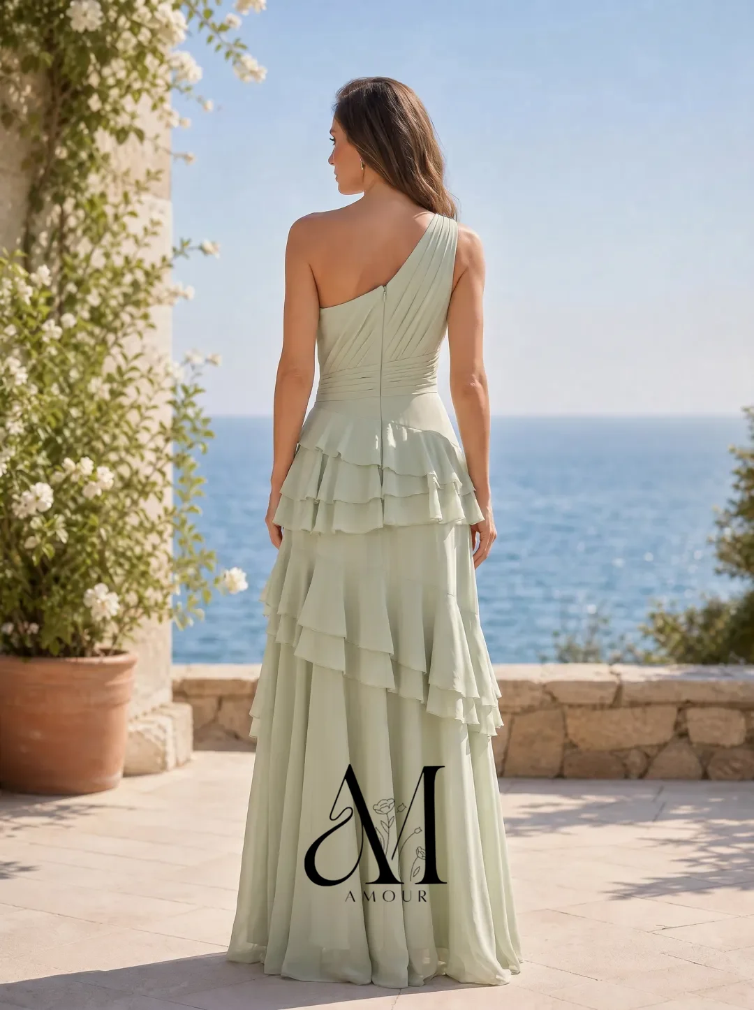 Amour Sage Green One Shoulder Chiffon Evening Dress Tiered Ruffle High Low Slit Customized Wedding Guest Formal Party Maxi Gown