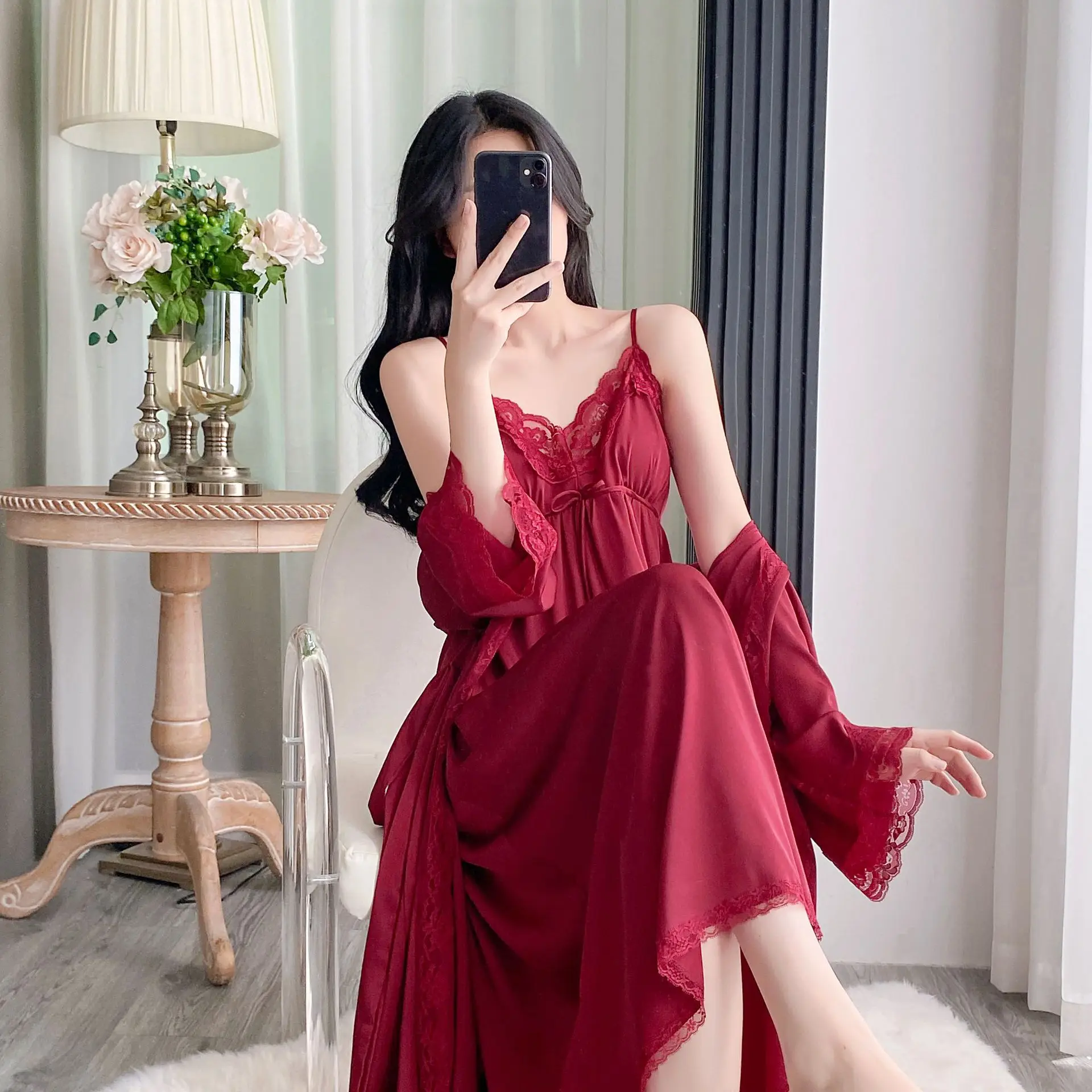 Twinset Womens Kimono Robe Gown Set V-Neck Rayon Nightdress Bathrobe Suit Spring Summer Underwear Lace Kimono Sleepwear Lingerie
