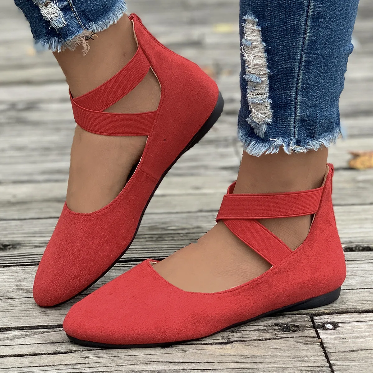 HKDQ Women's Flats Round Toe Flat Heel Suede-Look Upper Cross Straps Back Zipper Closure Casual Daily Walking Footwear