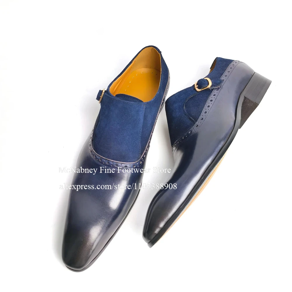 Leather Suede Monk Strap Shoes with Gold Buckle Pointed Toe Men Dress Shoes for Formal Business Wedding Plus Size Custom Color