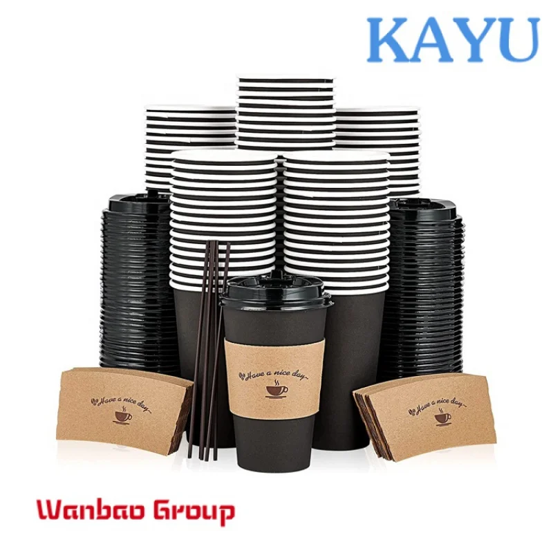 Custom  Customization Logo 8 12 14 Oz Biodegradable Black Takeaway Juice Cake Coffee Packaging Double Layer Paper Cups With Lid