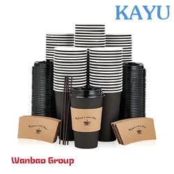 Custom  Customization Logo 8 12 14 Oz Biodegradable Black Takeaway Juice Cake Coffee Packaging Double Layer Paper Cups With Lid