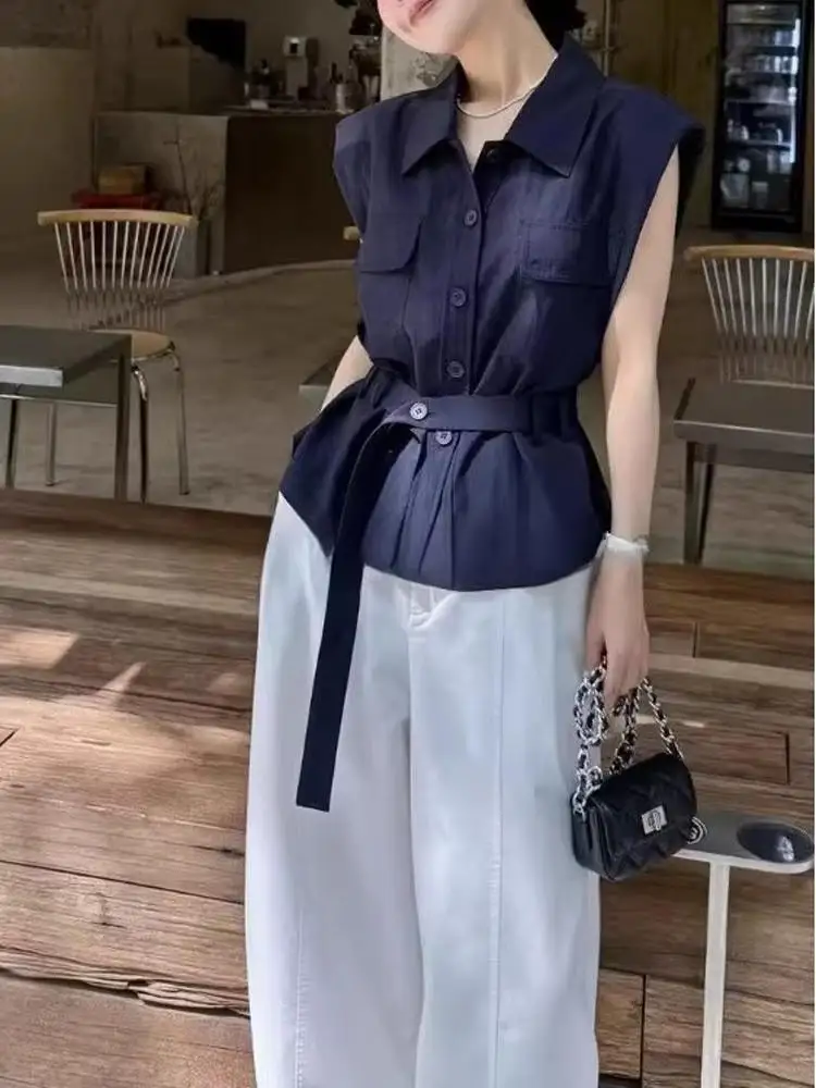 Csa azul de verano para mujer, csa de lino con cinturón y cintura sin mangas, cuello , manga con mosca, estilo core...