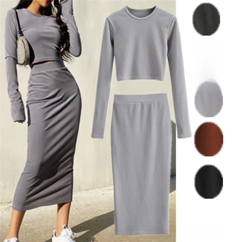 

Spring Autumn Thiened Fce Long Sve T-irt Skirt Set Women's Faionable Outfit Close Fit Bodycon Sle