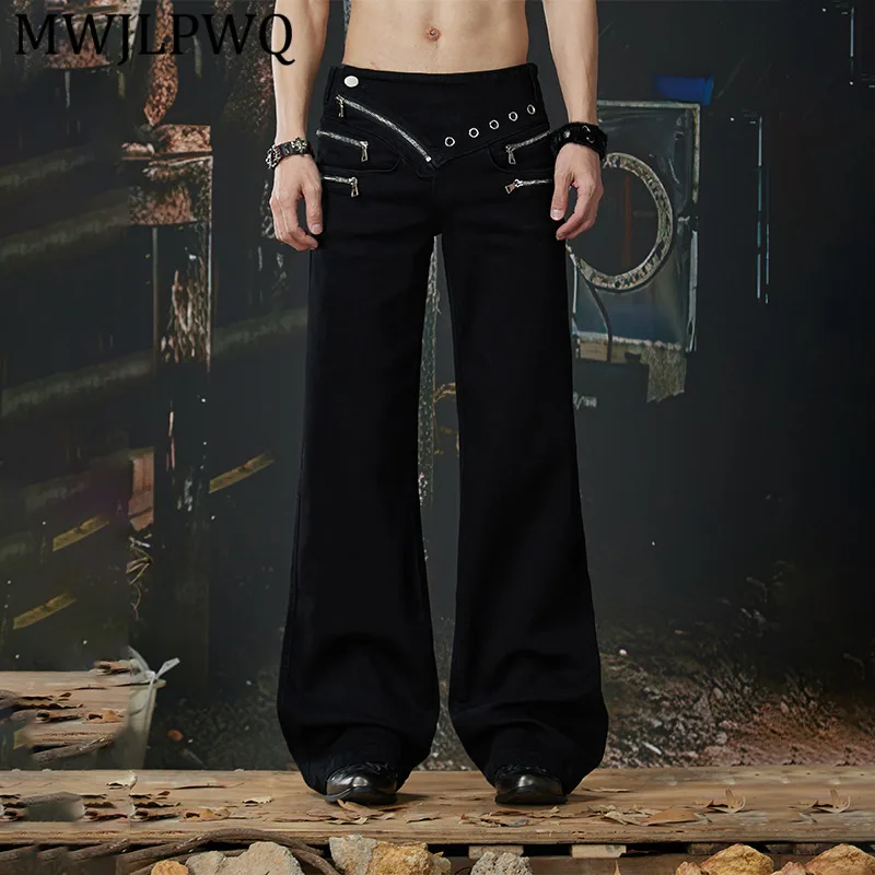 

MWJLPWQ Men's New Y2k Metallic Decorative Deconstructed Jeans For Men And Women High Street Low-Waist Slim Straight Pants 14211