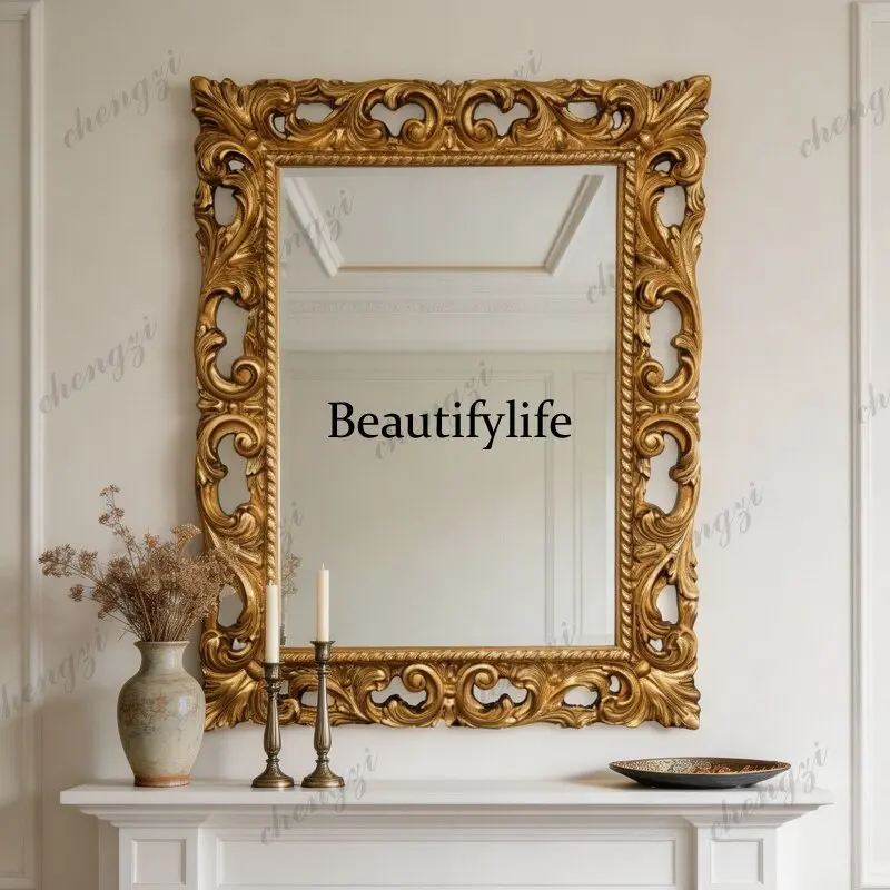 French retro style carved rectangular frame cosmetic mirror living room decorative mirror high-end wall-mounted cosmetic mirror