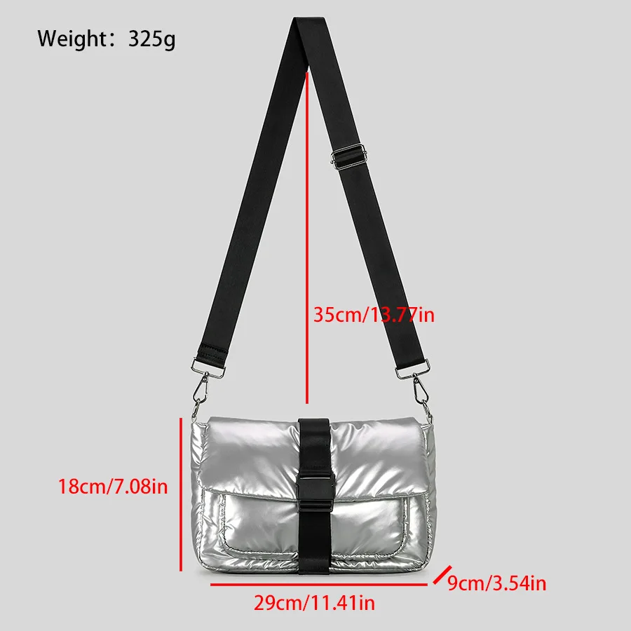 Fashion Silver Square Puffer Bag Padded Women Shoulder Bags Casual Nylon Down Cotton Crossbody Bag Trend Wide Strap Flap Purses