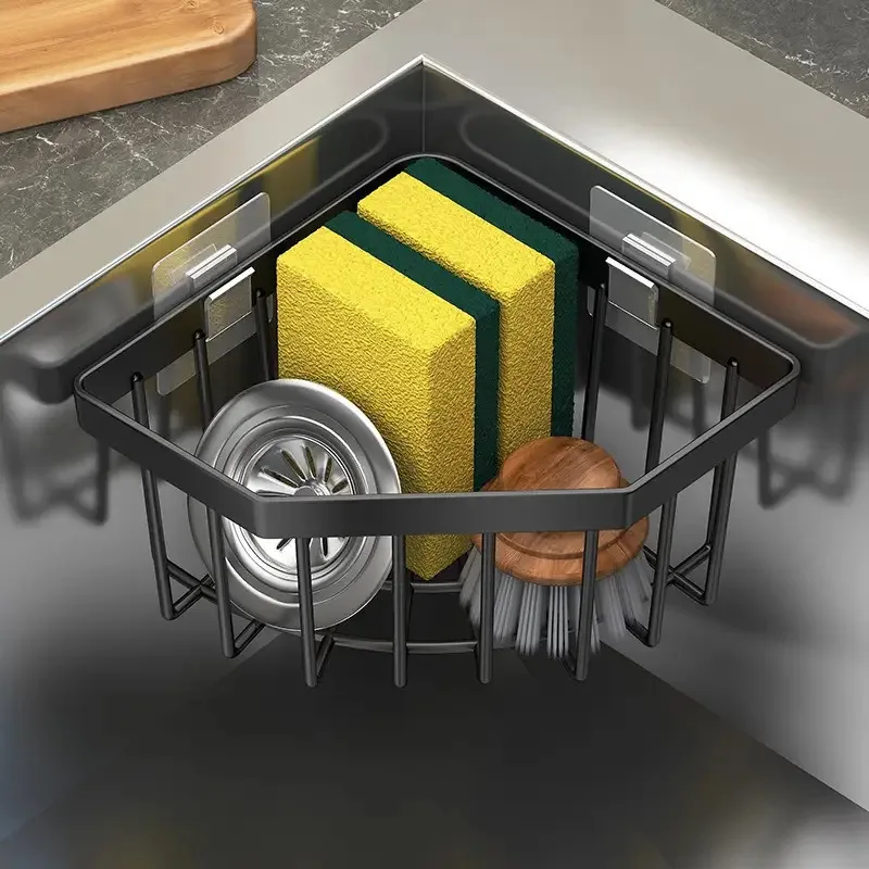 Conjunto de Escorredor de Pia Triangular (Um Cesto de Drenagem + Dois Ganchos) é uma Solução de Armazenamento que Economiza Espaço para Cozinha, Fácil de Limpar