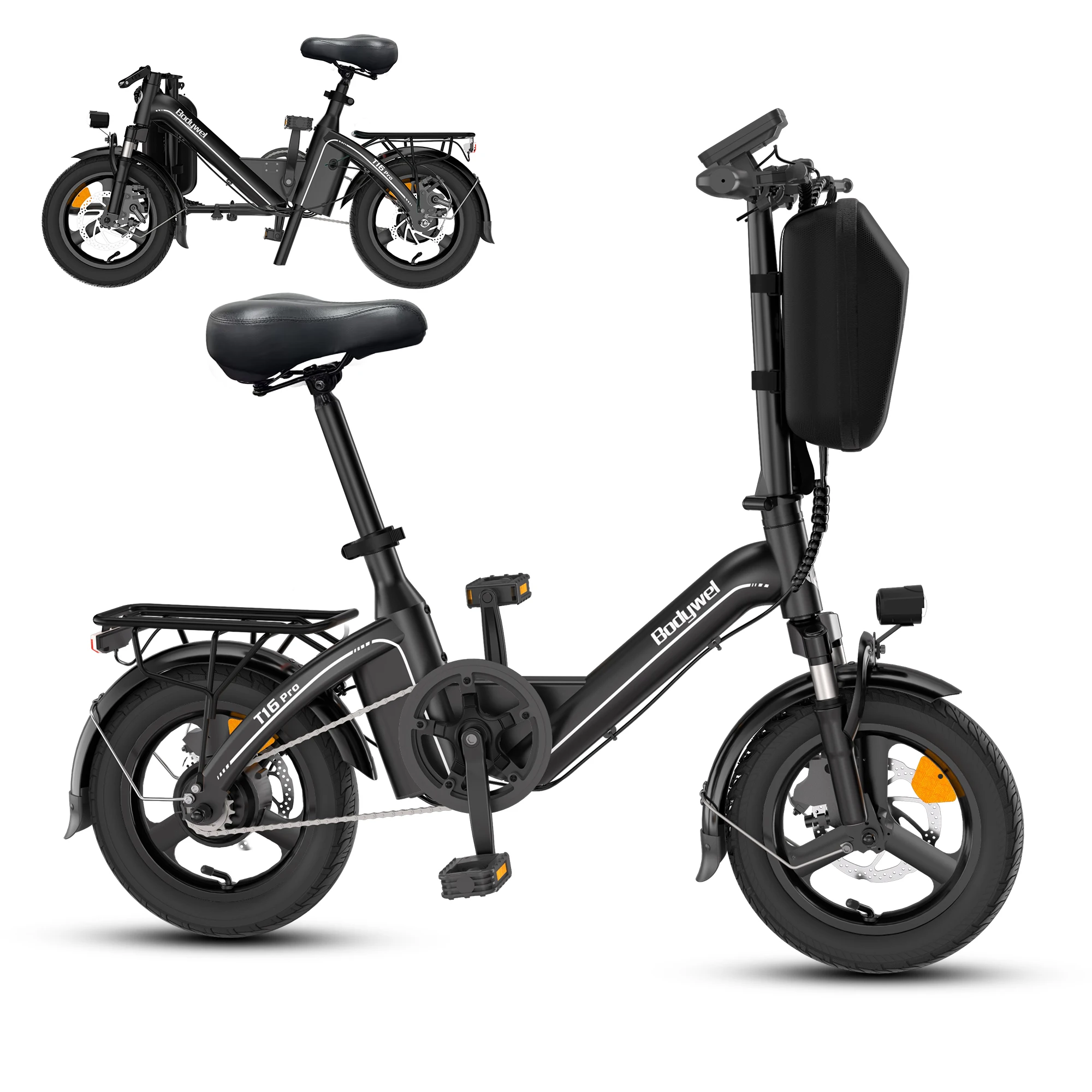14 Inch Opvouwbare Elektrische Fiets Bodywel T16PRO 36V 10.4Ah Batterij 30-50km Bereik Max Snelheid 25km/u Stads E-Bike Volwassenen Tieners Elektrische Fiets met APP Besturing