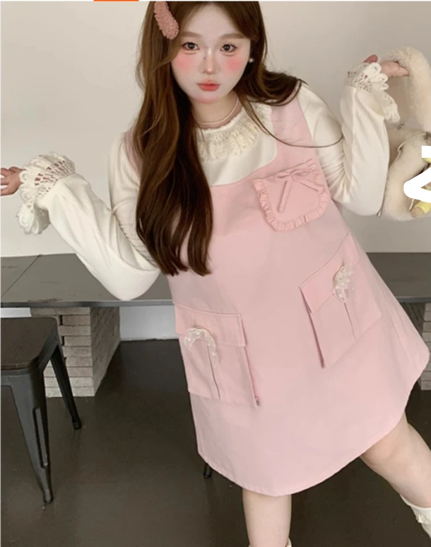 فساتين محبوكة جديدة للخريف باللون الوردي اللطيف مقاس كبير فستان نسائي عالي الخصر فضفاض على شكل حرف a متعدد الاستخدامات لتقليل العمر #2