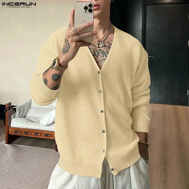 

INCERUN Men Cardigan Solid Knitted V Neck Long Sleeve Men Sweaters Streetwear Loose Korean Style Fashion Casual Men Clothing