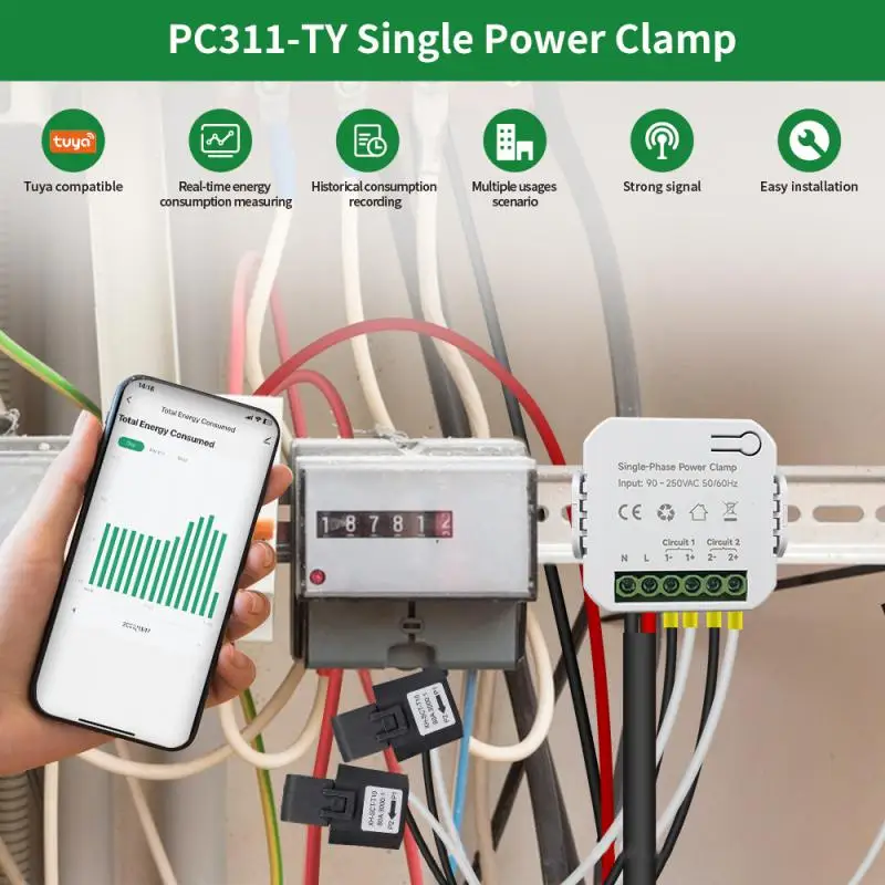 Tuya Smart Life 250V AC Dual Way WiFi Power Meter With Current Transformer Clamp Can Monitor Solar Produced and Consumed Power