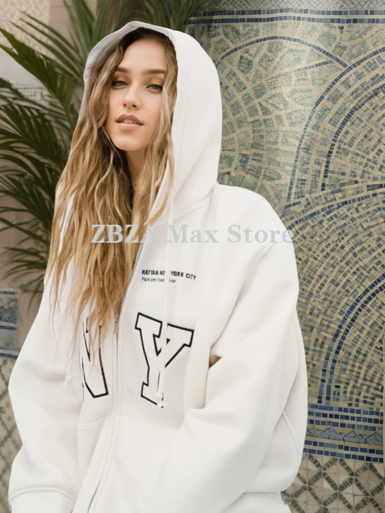 ZBZA Print Hooded Coat Sports Pants Suit Long Sleeve Zip Pocket Loose Coat Elastic Waist Straight-leg Pant Fall Winter Lady Set