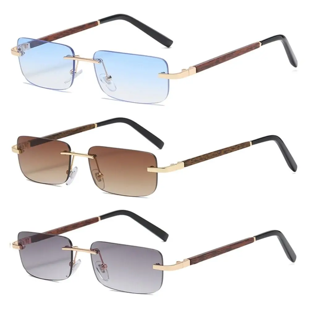 Rimless Wood Grain Leg Sunglasses Fashion Gradient Lens UV400 Protection Street Eyewear Shades for Women