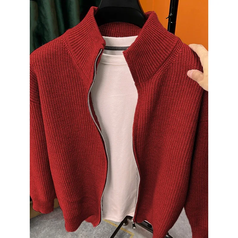 Versatile solid color zipper cardigan men's knitted sweater autumn and winter popular slim fit sweater jacket men's stand up col