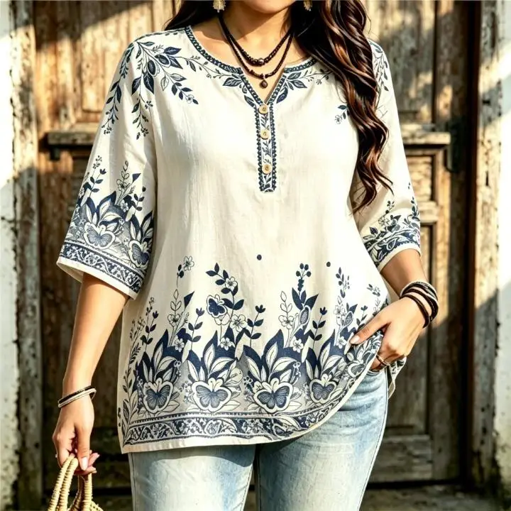 Women Vintage Floral Print Blouse Notched Neck 3/4 Sleeve Loose Fit For Curvy Figures Daily Casual Ladies Tops