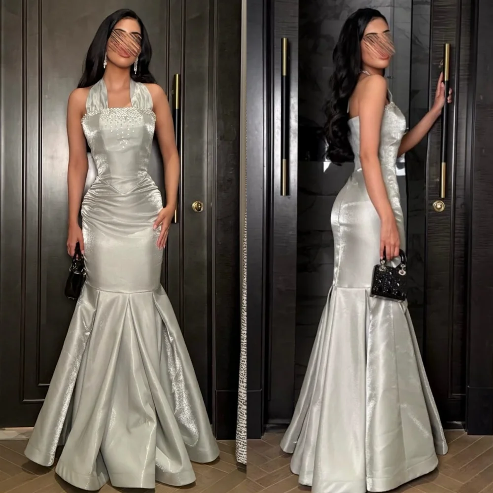 

Customized Classic Charmeuse Rhinestone Draped Trumpet Halter Long Dresses Bespoke Occasion Dresses Exquisite Fashion Exquisite