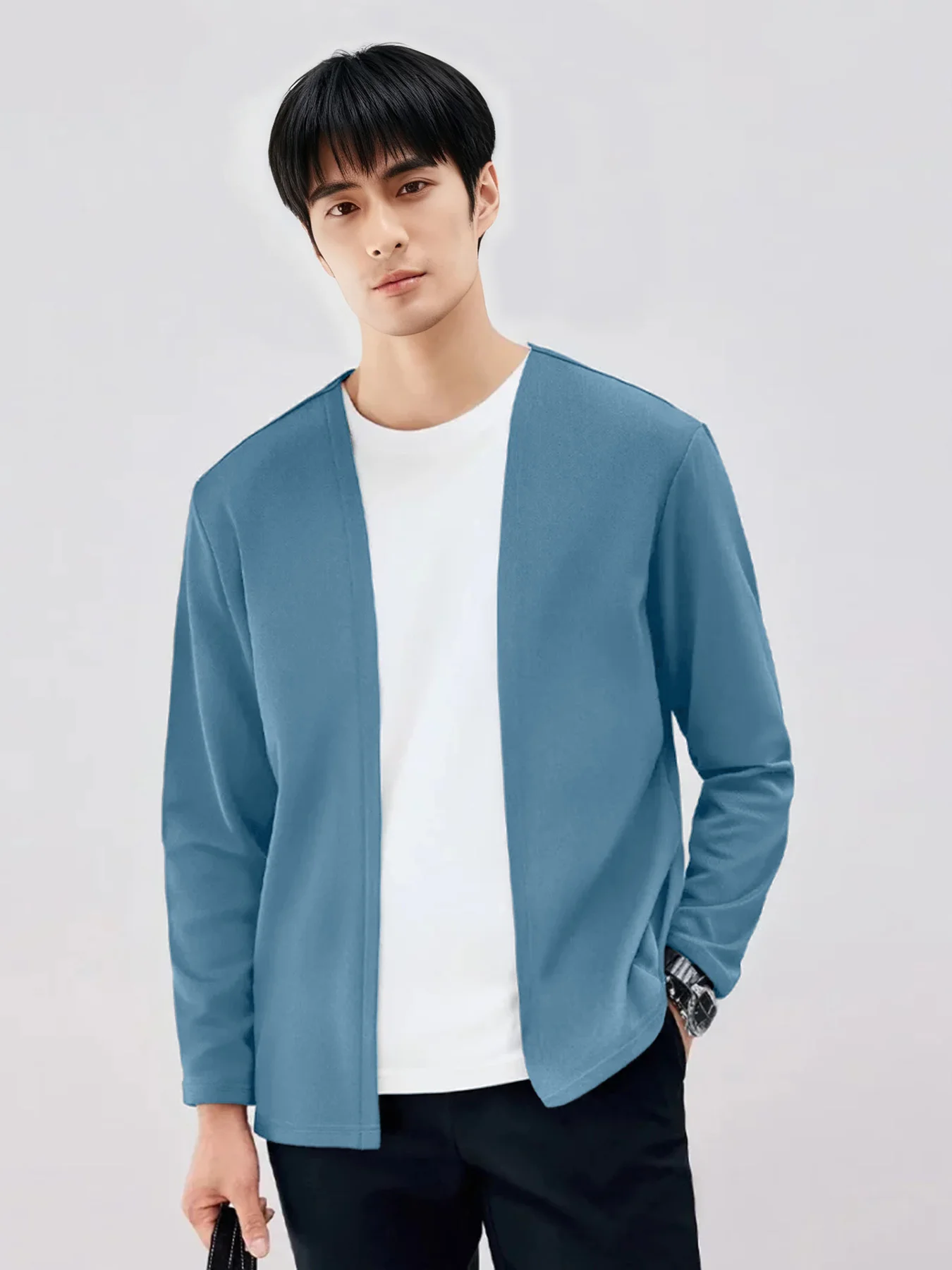 

Buttonless and collarless cardigan, spring and autumn casual long-sleeve trendy men's fashion solid color outerwear cardigan