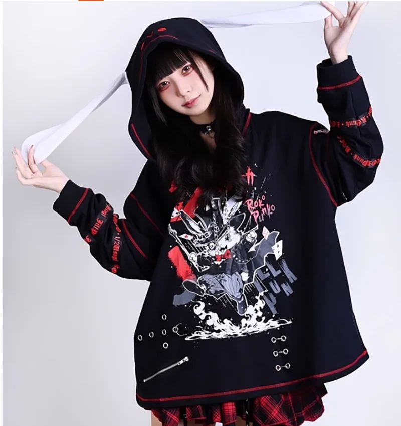 2024 Womens Tops Kill Matt Punk Clothes Graffiti Chain strap Y2K Japanese Cute Cat Cartoon Pattern Long sleeved T-shirt Hoodies