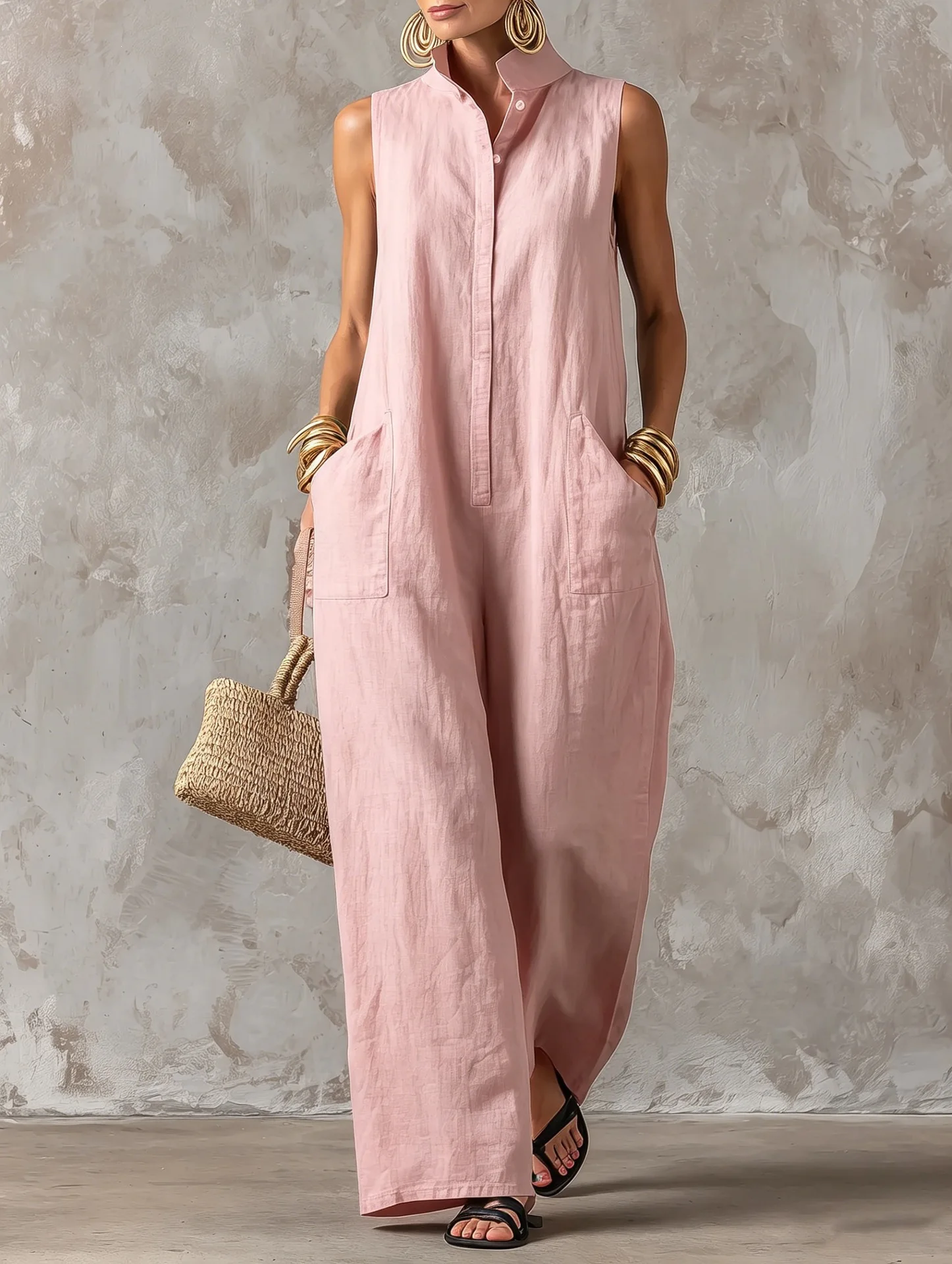 Urlaubs-Jumpsuit mit Stehkragen, ärmellos, aus Leinen, mit Knopfleiste, locker geschnittene, weitbeinige Hose, Damenbekleidung – Detail 14