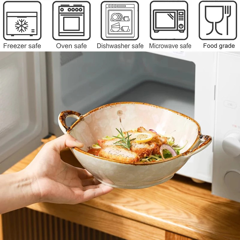 YWDL 700ml Ceramic Salad Bowl With Handle Kitchen Soup Noodle Bowl Fruit Plate Japanese Tableware Microwave Pan Dropshipping