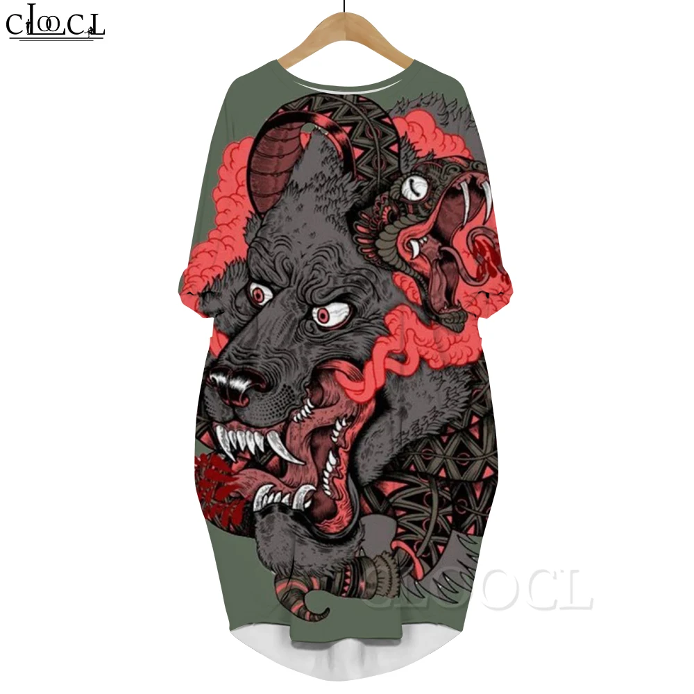 CLOOCL New Casual Dress Ancient Beast Printed Graphics Long Sleeves Pocket Dresses Female Evening Dresses Harajuku Clothing