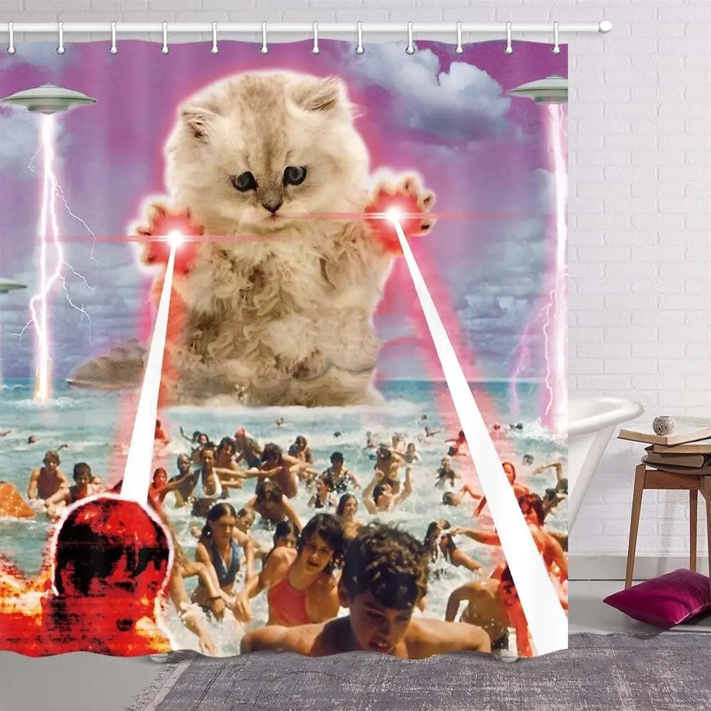Divertida cortina de ducha de gato, divertido animal lindo japonés montando ballena océano mar ola niños peces divertidas cortinas de ducha