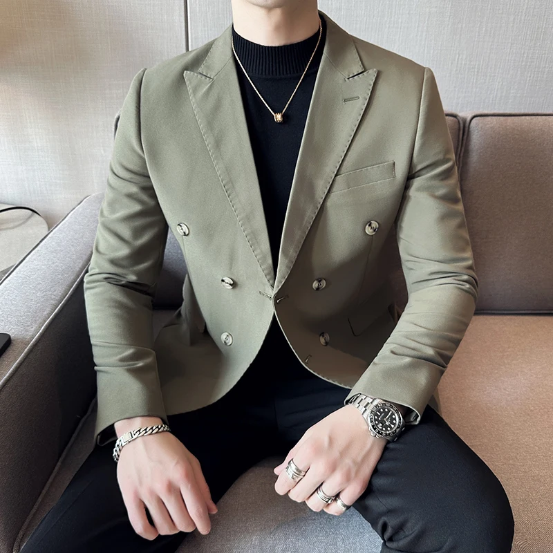 2023 new fashion matching handsome trend Korean version of the double breasted personality slim small suit black coat  -M-5XL