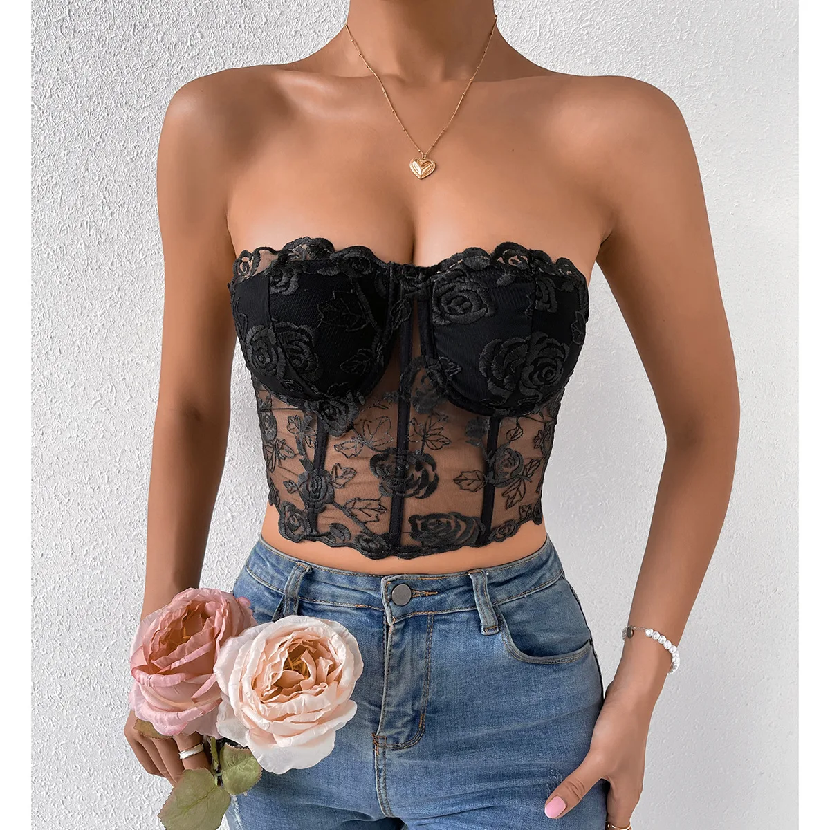 Beautiful Rose Embroidery Bustier Tube Tank Top with Shoulder Strap Corset Lingerie Crop Tops