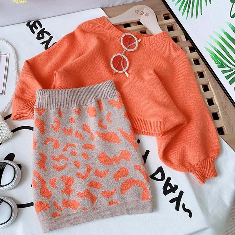 Girls Sweater Sets 2024 Autumn and Winter Knit Set Girls Orange Knit Top+Geometric Printed Skirt Two Piece Set 2-8T Kids