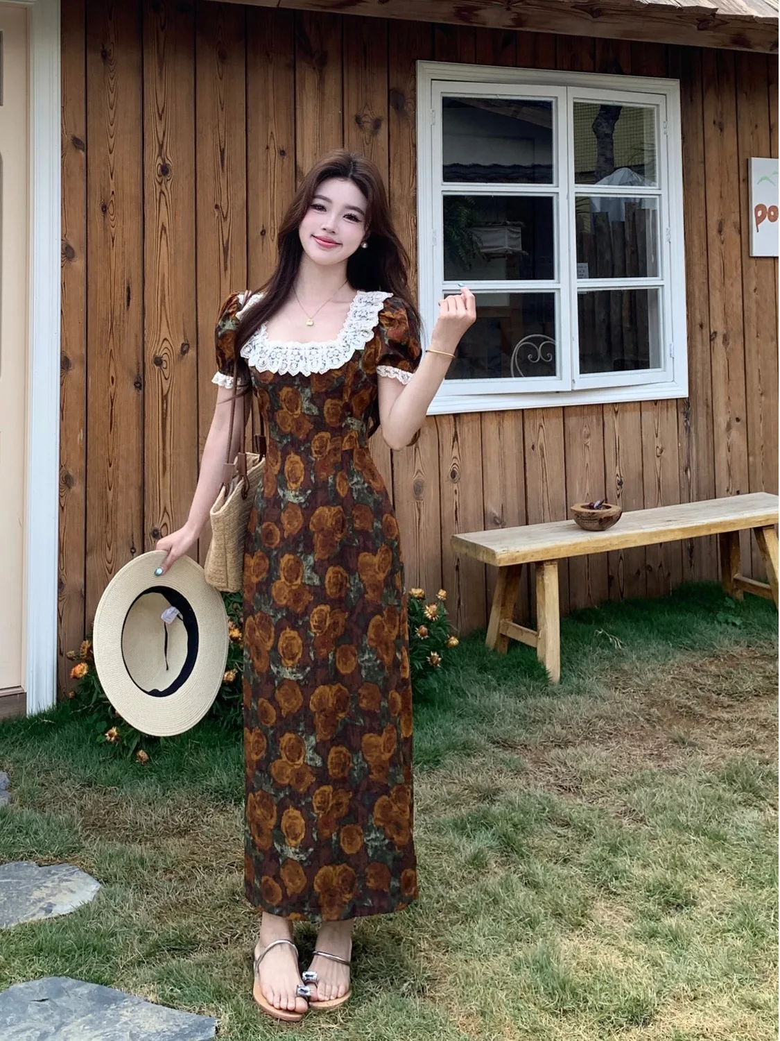 

plus Size Floral Lace Splice Square Collar Short Sleeve Dress Women's Summer New Waist Cinched A-Line Long Dress Commute Style