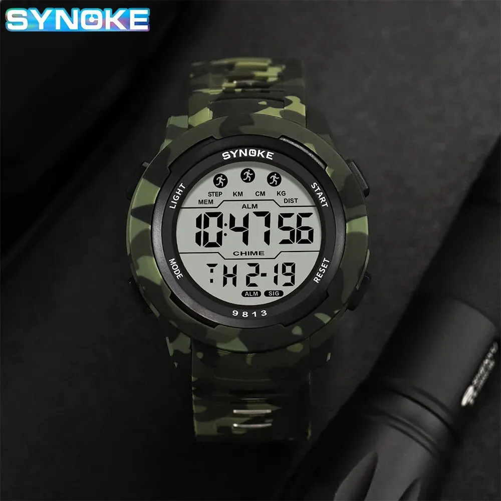 SYNOKE Men Outdoor Sports Multifunctional Waterproof Large Screen Display Luminous LED Digital For Men Fashion Camouflage Watch