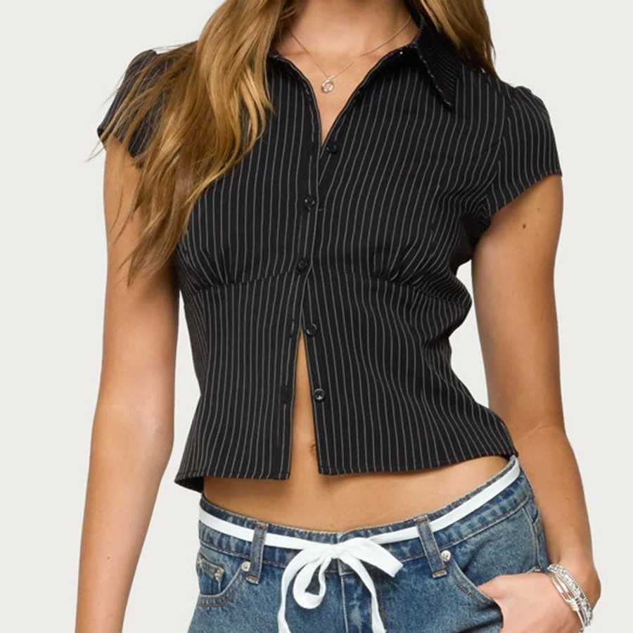 

Vintage Women Stripe Print Slim Fit Shirt Short Sleeve Lapel Button Down Summer Tops Streetwear for Casual Daily