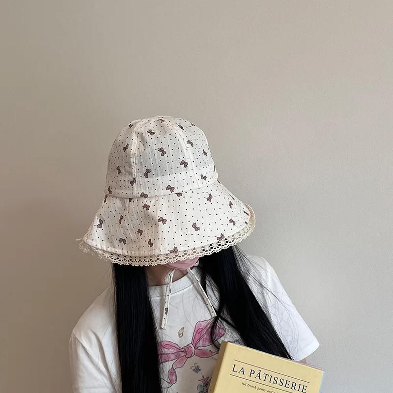 Japanese style fresh bow and lace brim fisherman hat for summer outdoor sun shading and sun protection bucket hat