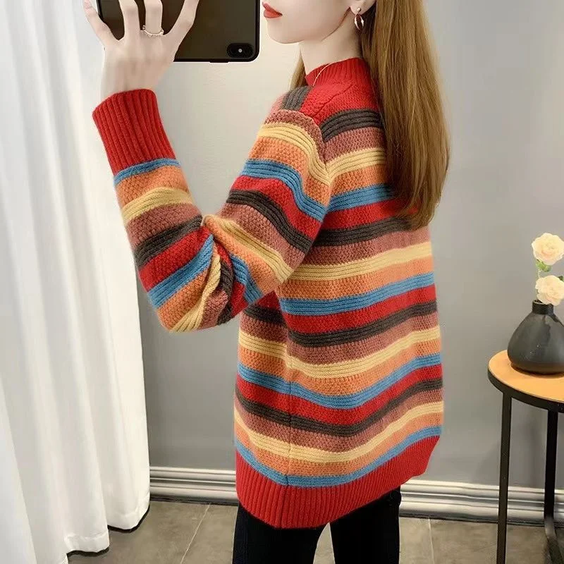 Pullover lavorato a maglia allentato femminile coreano autunno inverno donna maglione a righe a collo alto mezzo top maglione lavorato a maglia spesso moda donna