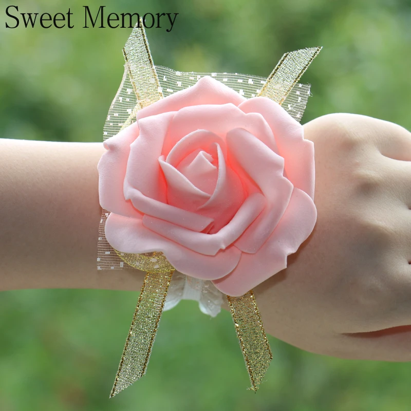 5pcs/Set Pink Gold Red Black White Champgane Gray Green Blue Purple Wrist Corsage Light Cute Hand Flower For Wedding Bridesmaid