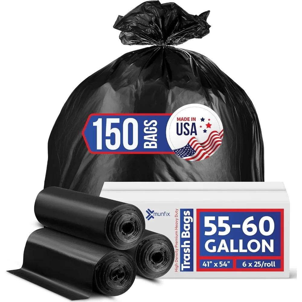 

Heavy Duty 55-60 Gallon Trash Bags, Bulk 150 Pack Large Garbage Liners, Made in USA