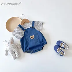 Summer Newborn Baby Grils Boys Sling Denim Cotton Bear Outdoor Clothing Bodysuits Stripe Top Tees T-shirts Infant Kids