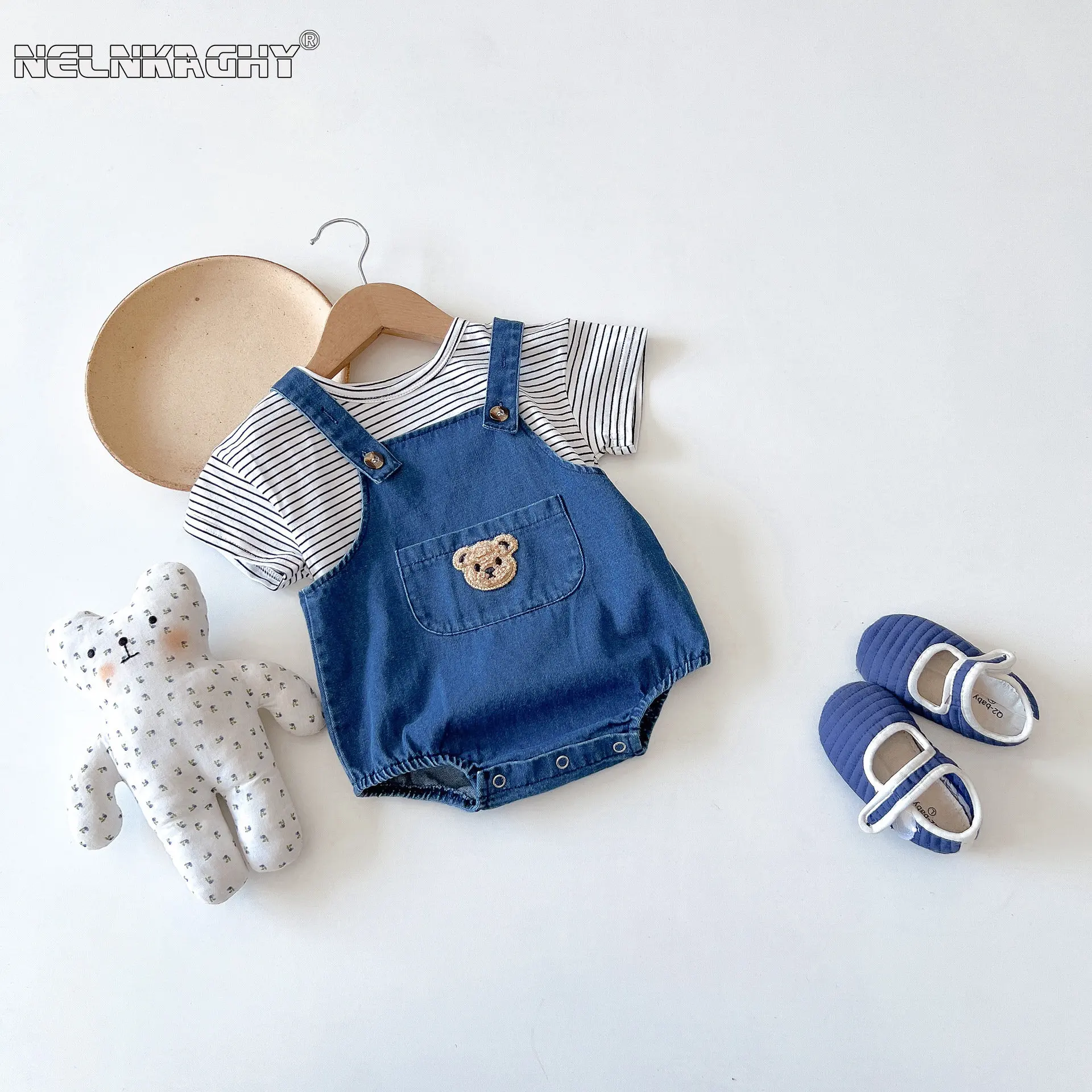 Summer Newborn Baby Grils Boys Sling Denim Cotton Bear Outdoor Clothing Bodysuits Stripe Top Tees T-shirts Infant Kids