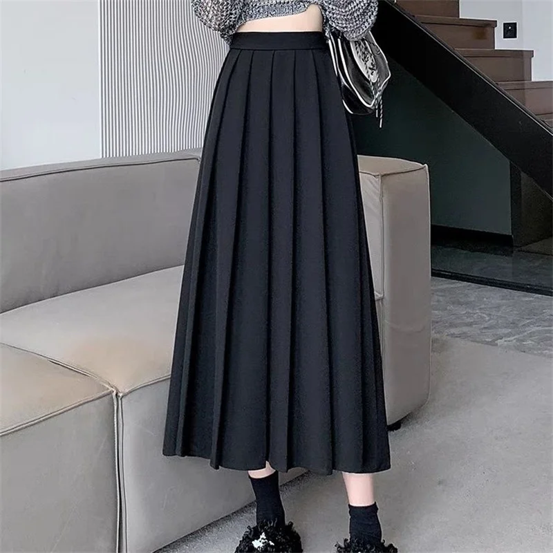 Black Pleated Skirts High Waist A-Line Woman Clothing Korean Autumn School Uniform Harajuku Long Skirt for Girls Dance