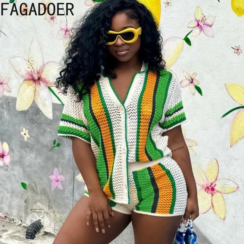 

FAGADOER Casual Knitting Stripe Print Hollow Two Piece Sets Women V Neck Short Sleeve Top+Shorts Outfits Female 2pcs Streetwear