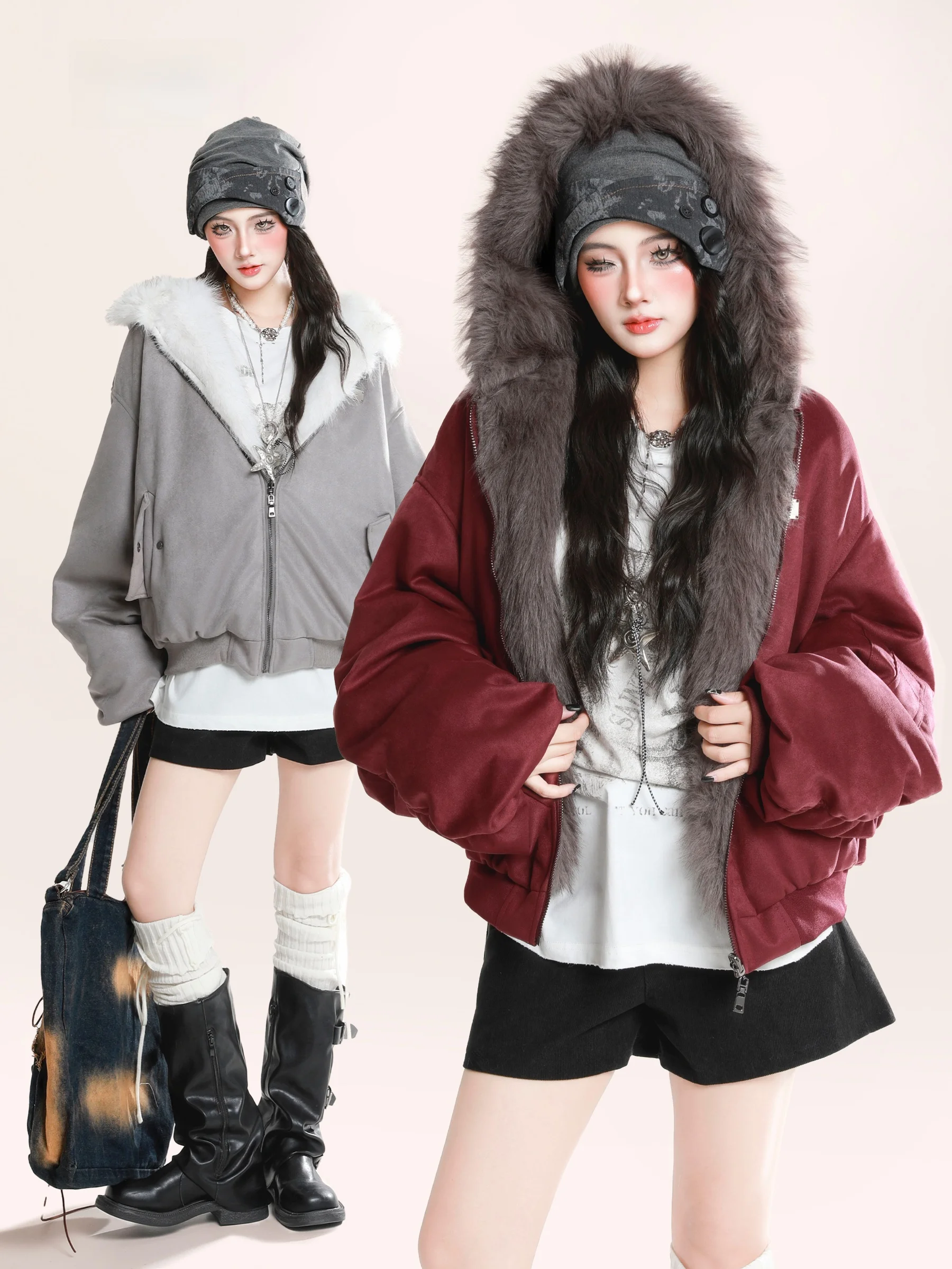 

Двусторонняя одежда, американская уличная замшевая куртка, женская зимняя теплая куртка с капюшоном и хлопковой подкладкой, жилет с узором горного орла