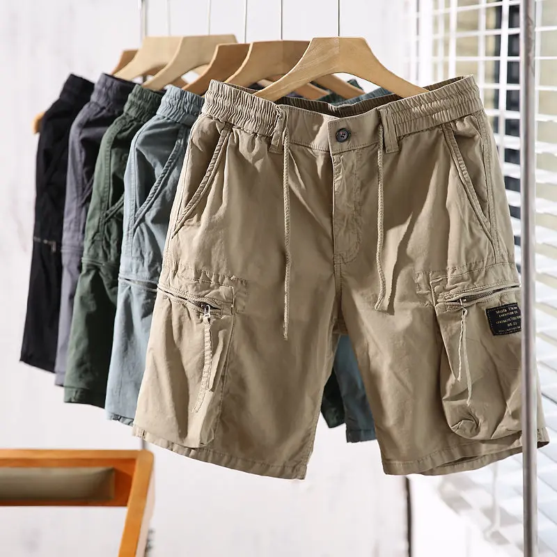 

Heavy washed, elastic waist cotton multi-pocket tooling casual 5-point shorts