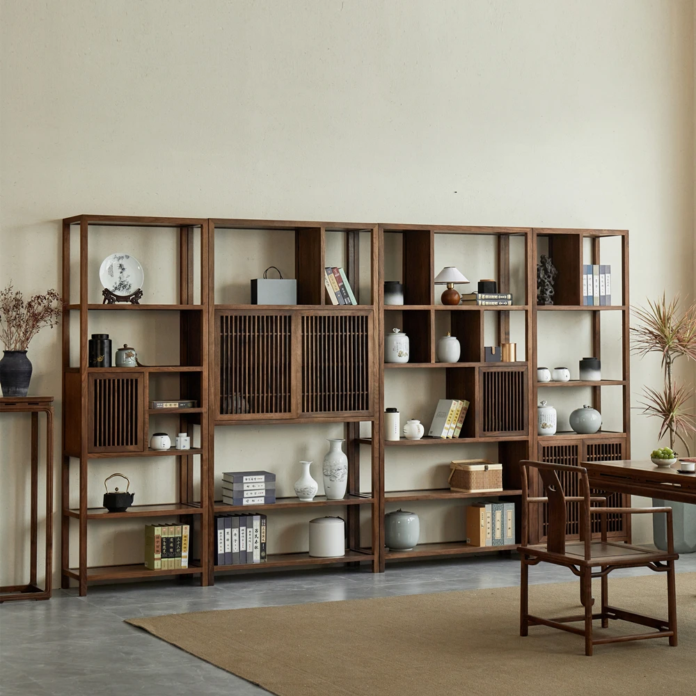 Bookcase combination solid wood Bogu shelf, black walnut living room, Duobao floor-to-ceiling storage
