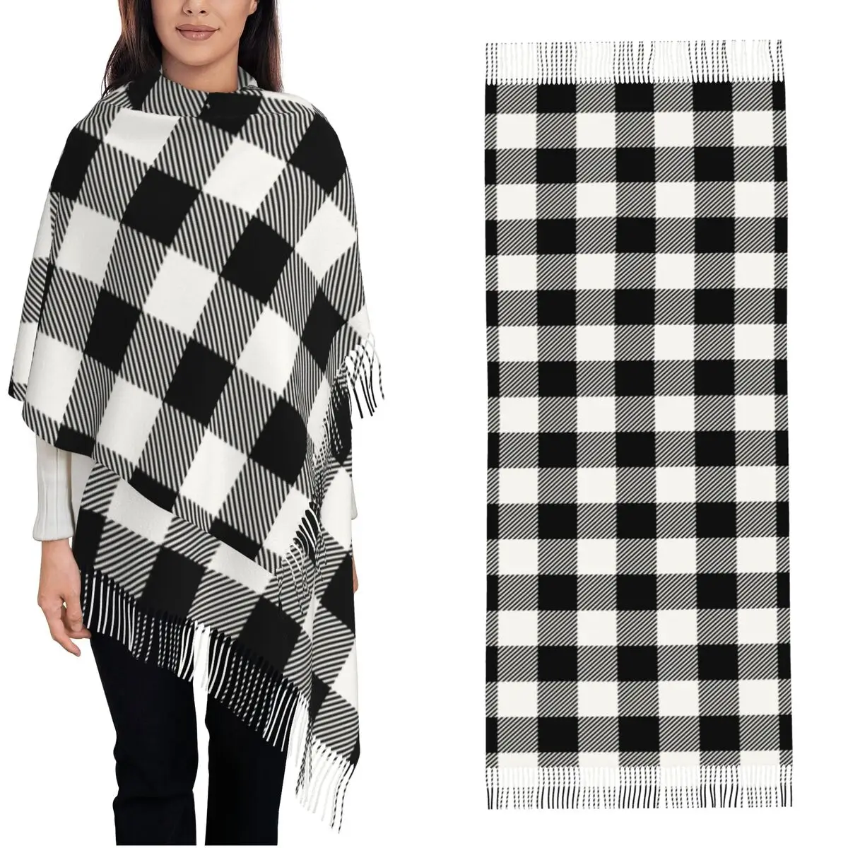 

Black White Check Shawls Wraps Womens Winter Warm Long Soft Scarf Checkered Sillitoe Tartan Dicing Neckerchief Shawl Scarves