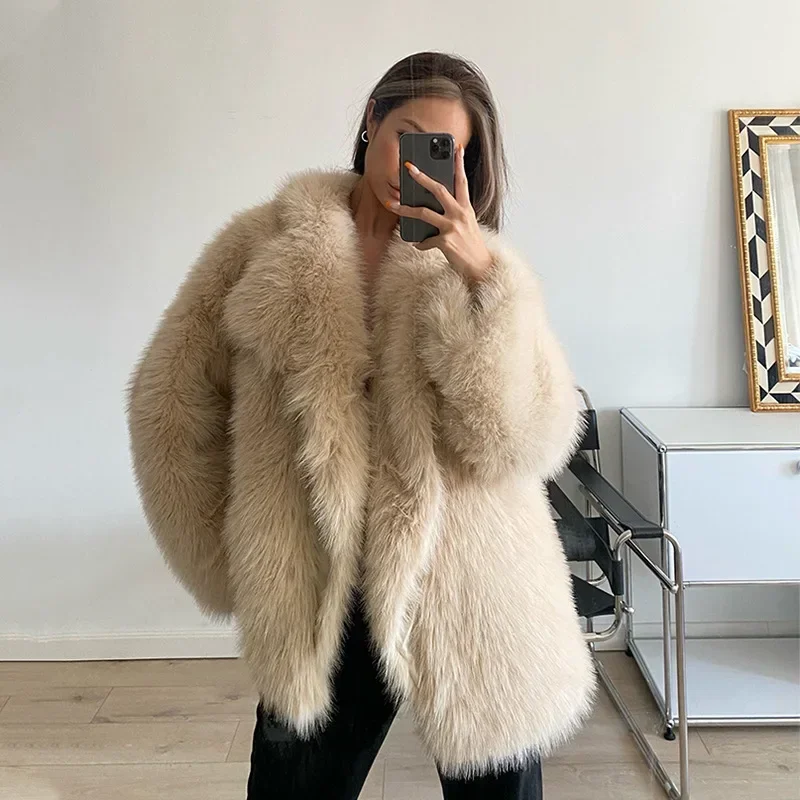 Women Loose Faux Fur Coat White Long Coats Turn Down Collar Long Sleeve Autumn Winter High Waist Maxi Elegant Thick Jacket