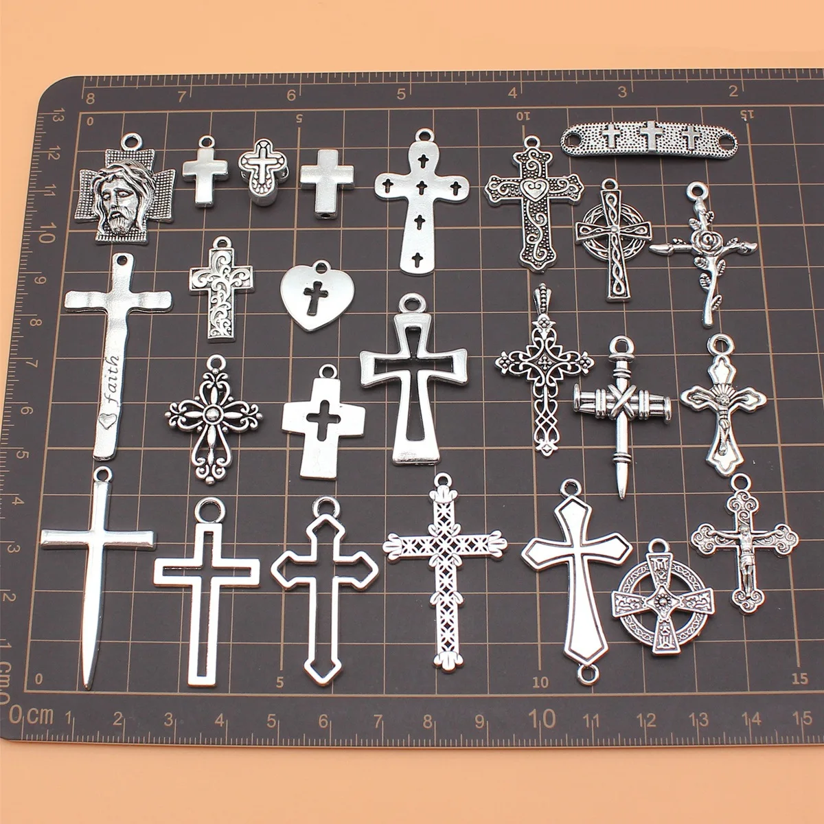 WYSIWYG 25pcs Antique Silver Color Cross Charms Collection For DIY Jewelry Making, 25 Styles, 1 of Each